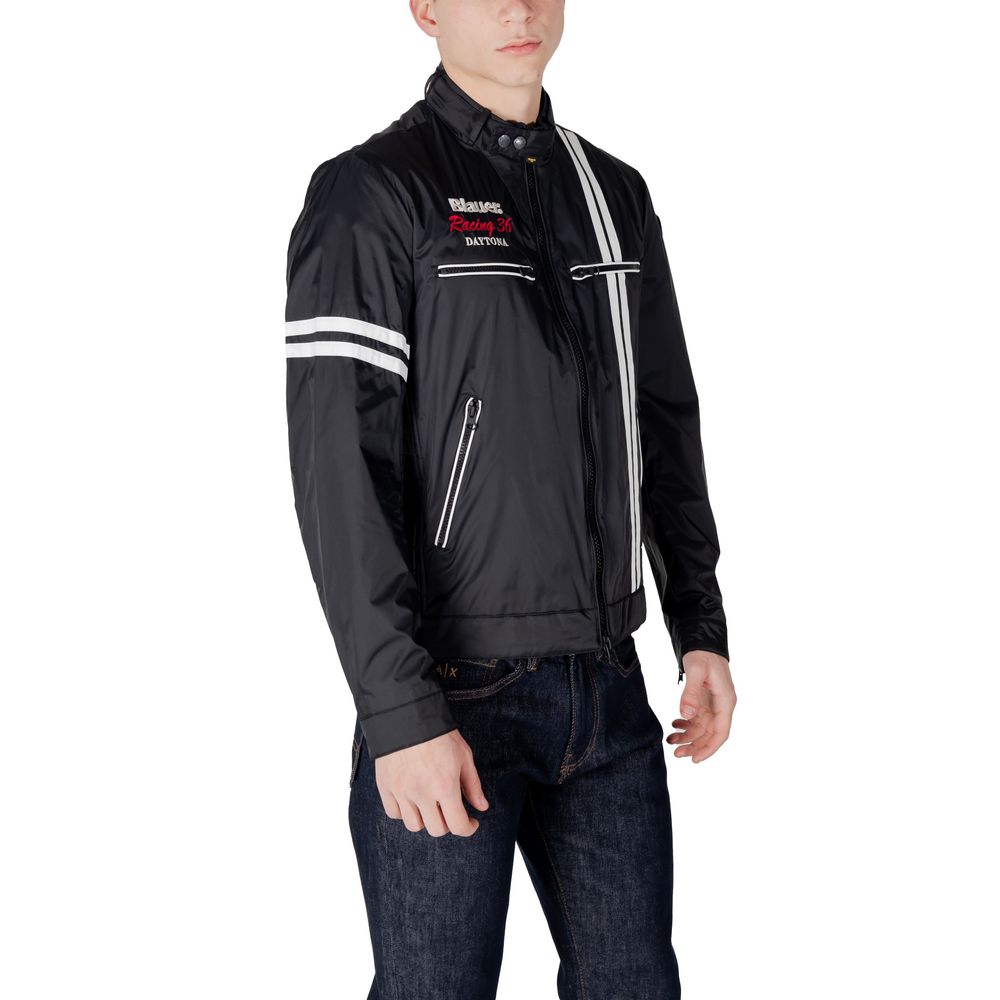 Man wearing Blauer Black Polyamide Biker Jacket with sporty stripes and embroidery, front view.