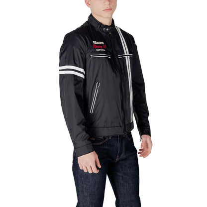 Man wearing Blauer Black Polyamide Biker Jacket with sporty stripes and embroidery, front view.