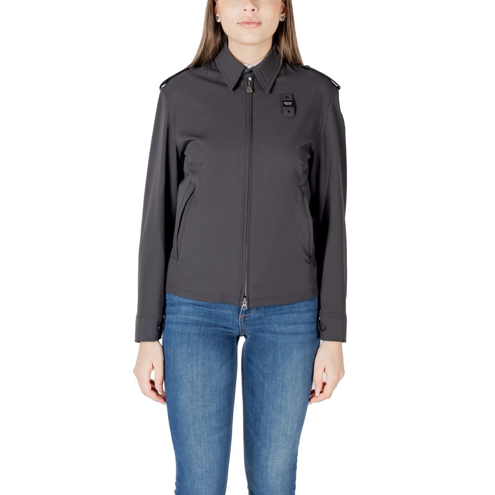 Woman wearing Blauer Black Polyamide Bomber jacket with stylish design and Blauer logo.