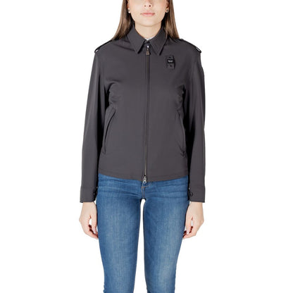Woman wearing Blauer Black Polyamide Bomber jacket with stylish design and Blauer logo.