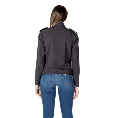 Back view of model wearing Blauer Black Polyamide Bomber jacket showcasing style and fit.