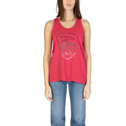Woman wearing Blauer Pink Cotton Tank Tops, featuring a modern design and Blauer logo, perfect for casual summer outfits.