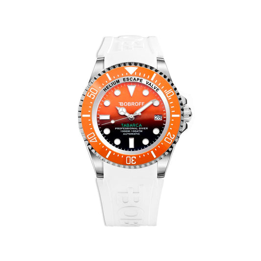 Bobroff White Rubber Sport Watch with orange dial and stainless steel case, featuring automatic movement and 100ATM water resistance.