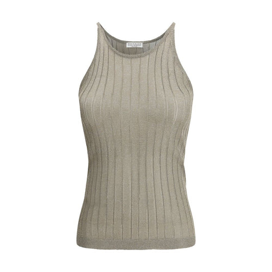 Brunello Cucinelli Lurex Tank Top with ribbed design and elegant fit, showcasing luxurious luminous fabric and sophisticated style.