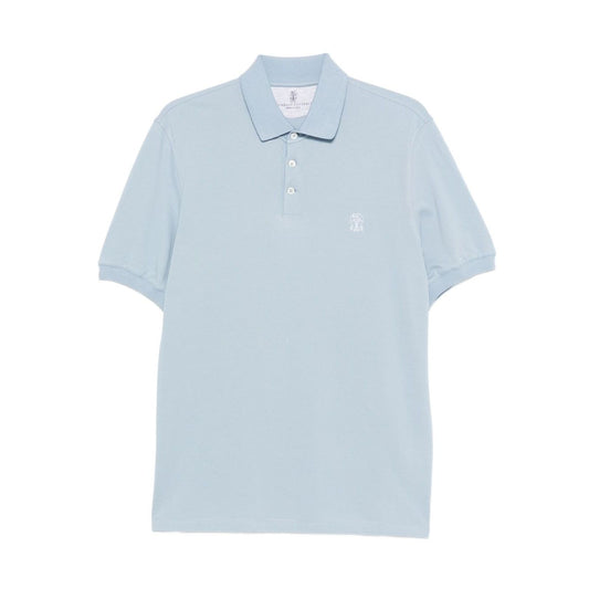 Brunello Cucinelli Polo shirt with embroidery in light blue cotton, featuring short sleeves and a button placket.