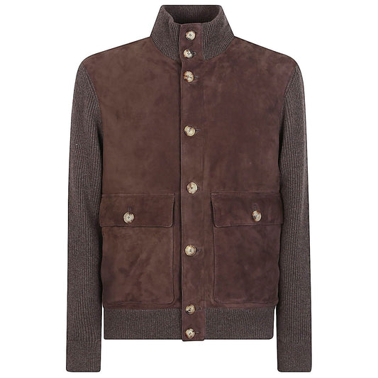 Brunello Cucinelli Suede and cashmere blouson jacket with brown leather, cashmere collar, cuffed sleeves, button pockets, and ribbed hem.