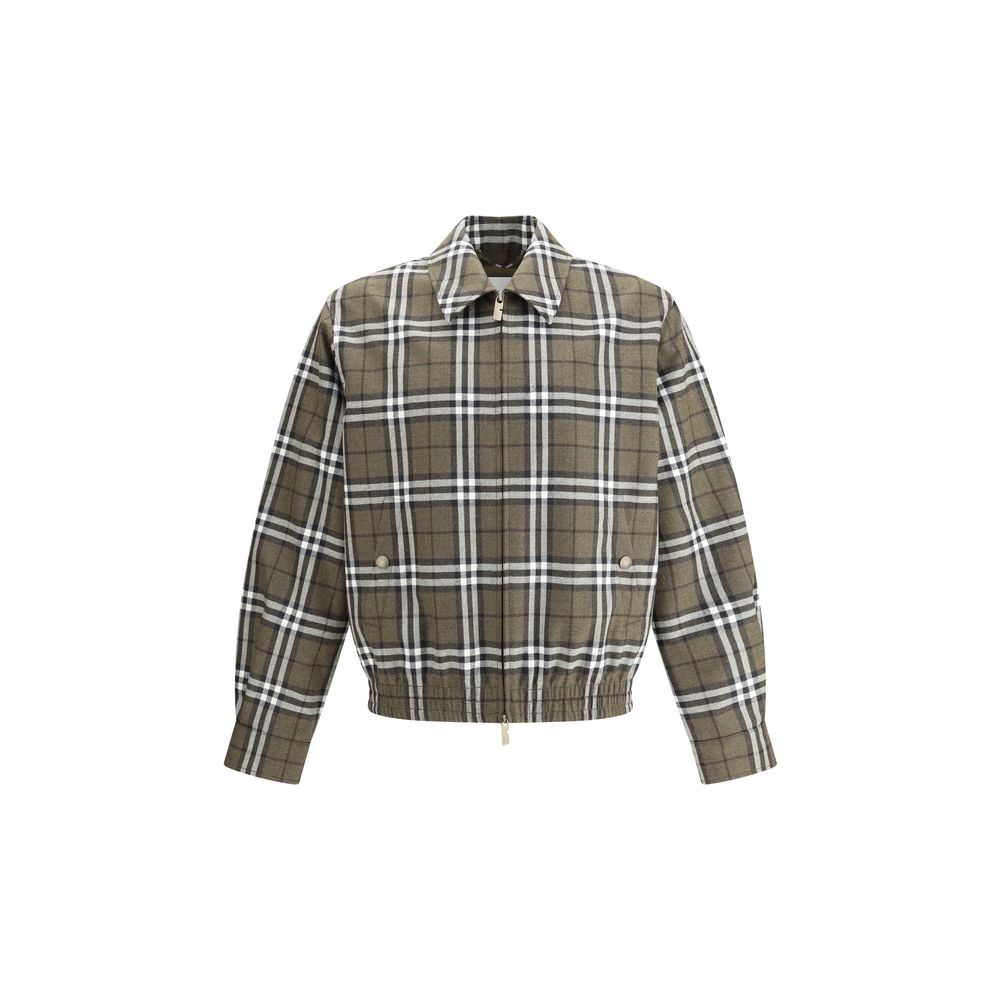Burberry Green Wool Bomber featuring check pattern, double-slider zipper, and adjustable button cuffs for elegant style.