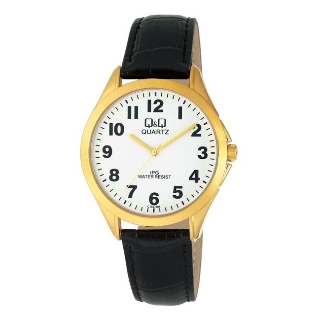 Q&Q Mod. GENT ONLY TIME wristwatch with quartz movement, metal case, and leather strap. Water resistant up to 3 ATM. Official packaging included.