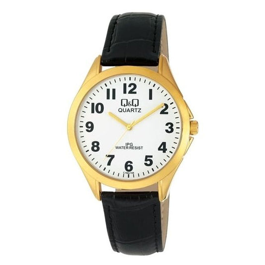 Q&Q Mod. GENT ONLY TIME wristwatch with quartz movement, metal case, and leather strap. Water resistant up to 3 ATM. Official packaging included.