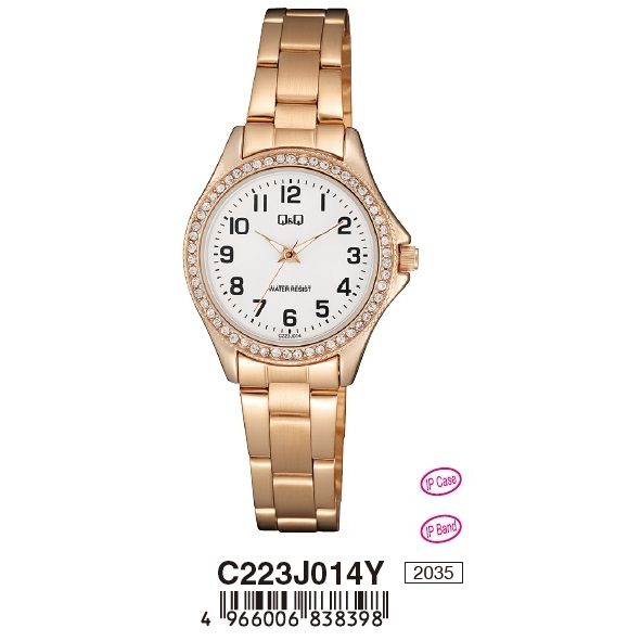 Q&Q Mod. LADY ONLY TIME wristwatch with 30 mm metal case, rose gold strap, and quartz movement, displayed in official box.