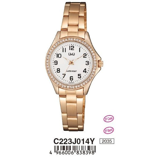 Q&Q Mod. LADY ONLY TIME wristwatch with 30 mm metal case, rose gold strap, and quartz movement, displayed in official box.