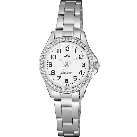 Q&Q Mod. LADY ONLY TIME wristwatch with metal case, SS bracelet, quartz movement, and sapphire dial, water resistant to 3 ATM.
