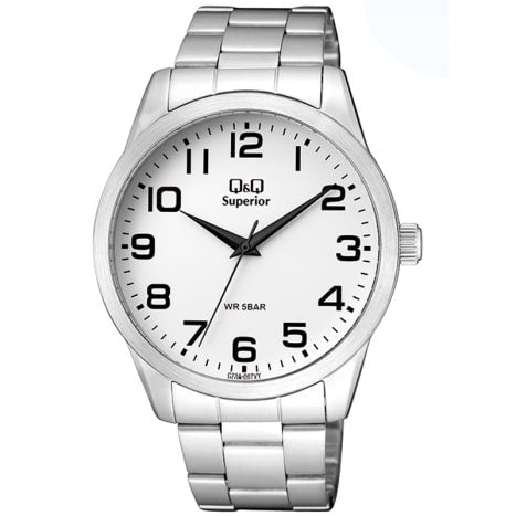 Q&Q Mod. GENT ONLY TIME wristwatch with stainless steel bracelet and sapphire dial, 44mm metal case.