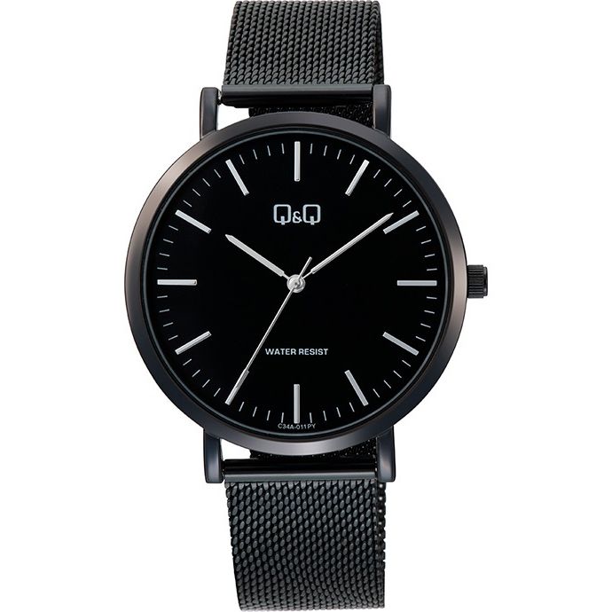 Q&Q Mod. GENT ONLY TIME wristwatch with 40mm metal case, mesh strap, quartz movement, 3 ATM water resistance, and mineral dial.