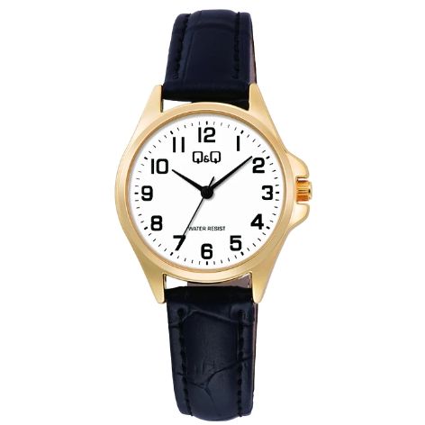Q&Q Mod. LADY ONLY TIME wristwatch, 3 ATM water resistant, 30mm metal case, black leather strap, quartz movement, in official box.