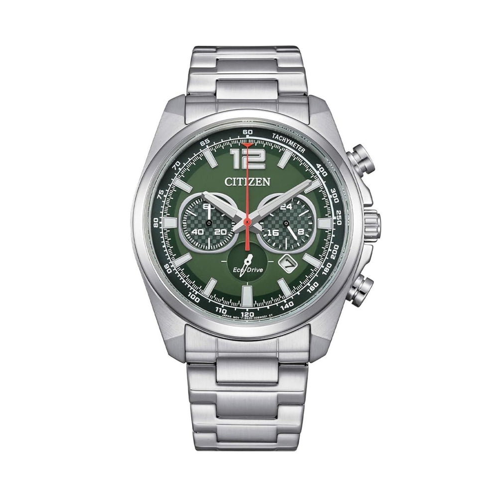 CITIZEN MOD. RACING CRONO silver watch with green dial and chronograph features.