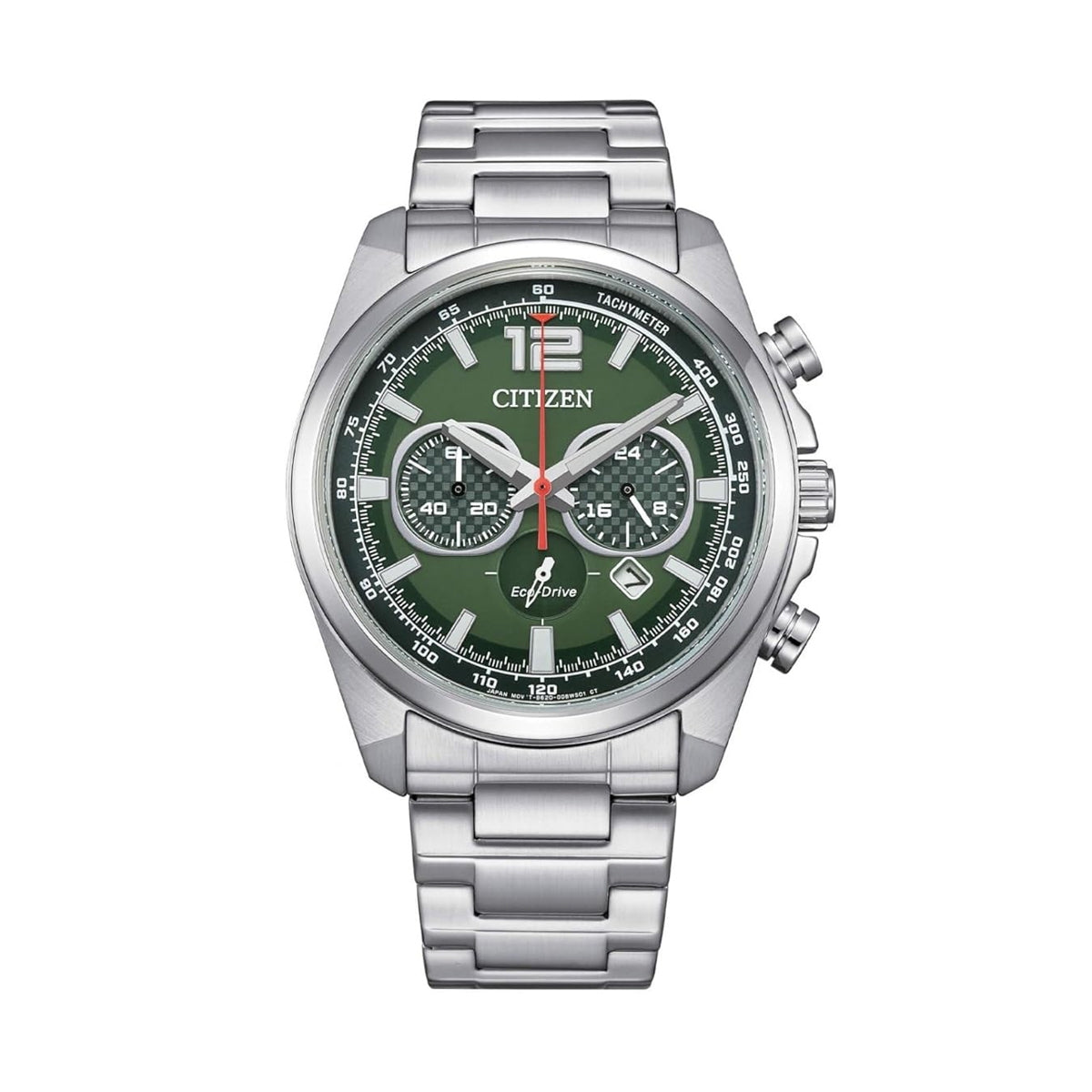 CITIZEN MOD. RACING CRONO silver watch with green dial and chronograph features.