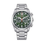 CITIZEN MOD. RACING CRONO silver watch with green dial and chronograph features.