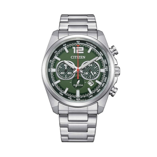 CITIZEN MOD. RACING CRONO silver watch with green dial and chronograph features.