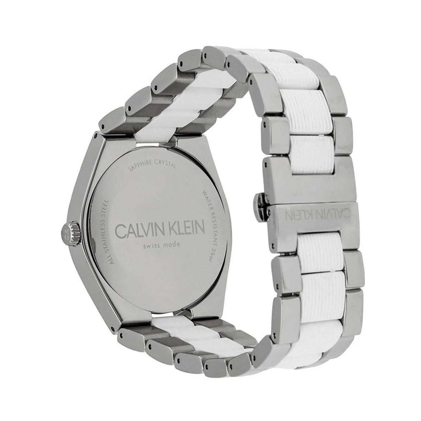 CALVIN KLEIN Mod. CONTRAST stainless steel wristwatch with quartz movement, featuring water resistance and Swiss-made design, back view.