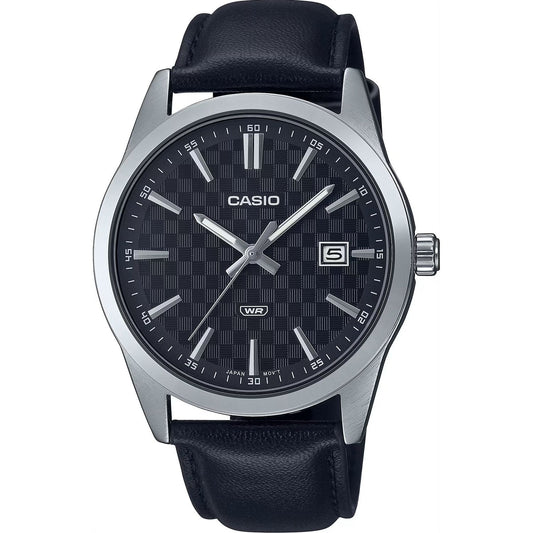 CASIO COLLECTION Mod. DATE - CARBON LOOK - SILVER & BLACK wristwatch with black leather strap and stainless steel case.