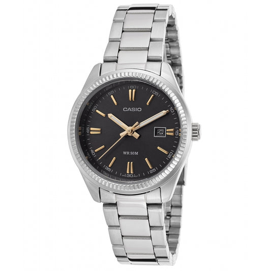 CASIO COLLECTION Mod. LADY DATE - BLACK. GOLD INDEXES wristwatch with metal strap, 5 ATM water resistance, in official packaging.