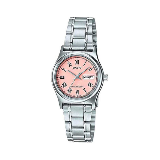 CASIO COLLECTION Mod. LADY DAY&DATE - PINK wristwatch with 3 ATM water resistance, stainless steel case and bracelet, and mineral dial.