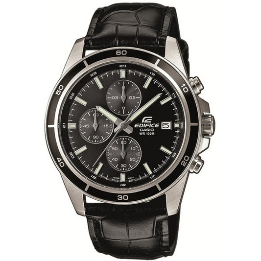 CASIO EDIFICE Mod. CLASSIC CHRONOGRAPH LEATHER- ALL BLACK, 44mm stainless steel case, leather strap, quartz movement, water resistant wristwatch.