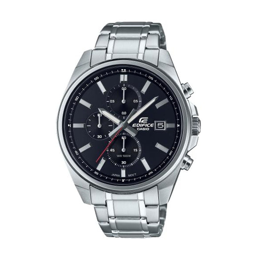 CASIO EDIFICE Mod. SPORT - CHRONO DATE BLACK wristwatch with stainless steel strap, 10 ATM water resistance, quartz movement, and chronograph.