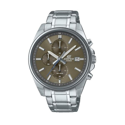 CASIO EDIFICE Mod. SPORT - CHRONO DATE BROWN with stainless steel bracelet and chronograph features, 43.5mm case, 10 ATM water resistance.