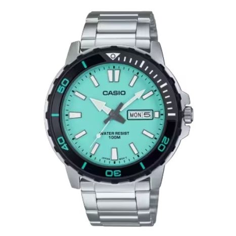 CASIO SPORT Mod. DIVER 100M - AQUA GREEN wristwatch with aqua green dial, stainless steel case and bracelet, quartz movement, day & date