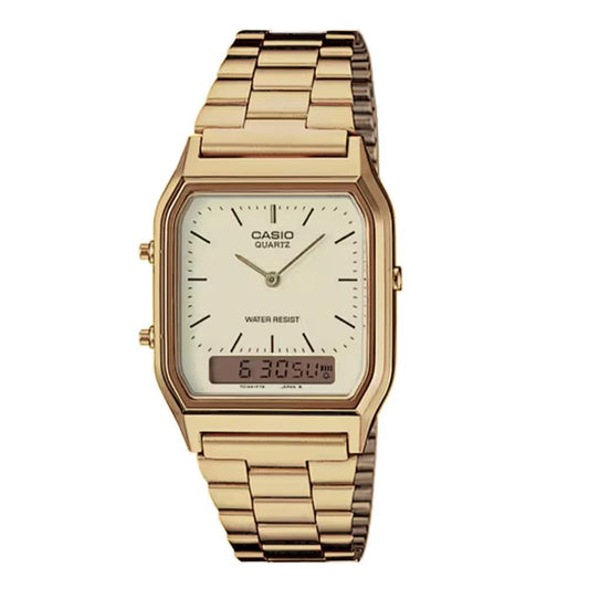 CASIO VINTAGE Mod. EDGY COLLECTION SUNRAY DIAL - GOLD wristwatch with quartz movement and dual time display in gold metal strap.