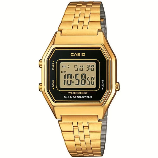 CASIO VINTAGE Mod. ICONIC LADY GOLD BLACK wristwatch with quartz movement, gold metal strap, and multifunction features, splash proof.