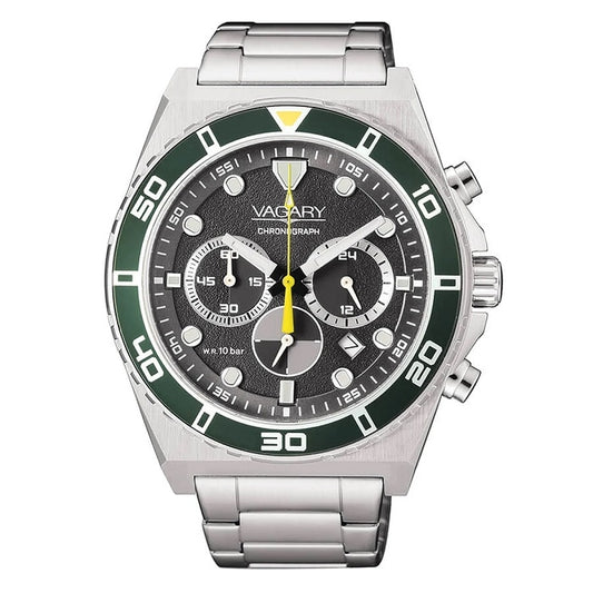 Stainless steel watch front view showcasing CITIZEN VAGARY MOD. IV4-713-53 with chronograph features and green accents