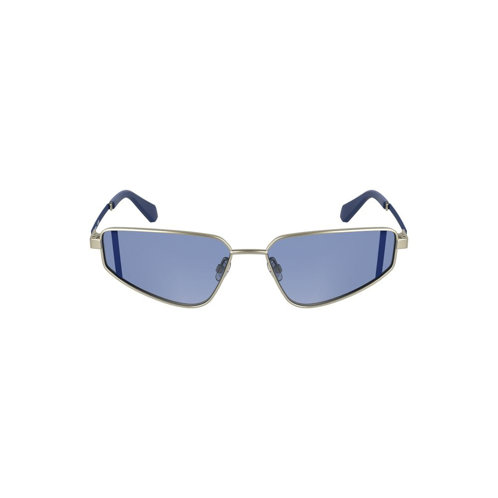 Calvin Klein Gray Metal Women Sunglasses with blue rectangular lenses, crafted for elegance and fashion-forward style.