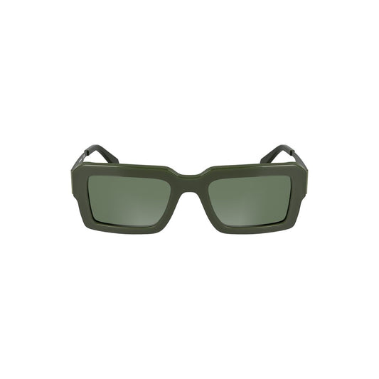Calvin Klein Green Acetate Women Sunglasses with rectangular lenses and iconic logo, offering modern refinement and glare protection.
