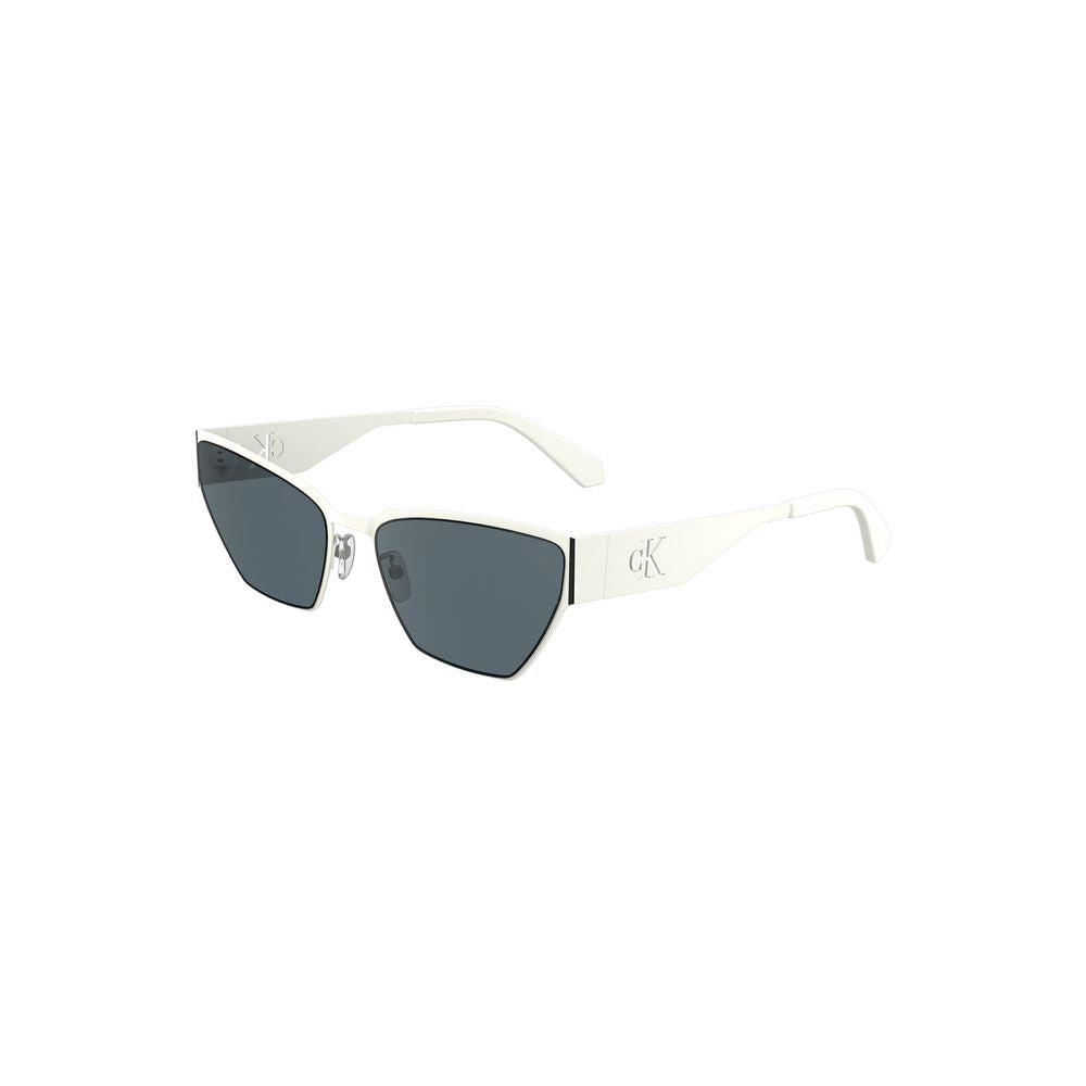 Calvin Klein White Metal Women Sunglass with sleek metal frame and smoke lenses, cat-eye shape for modern sophistication.