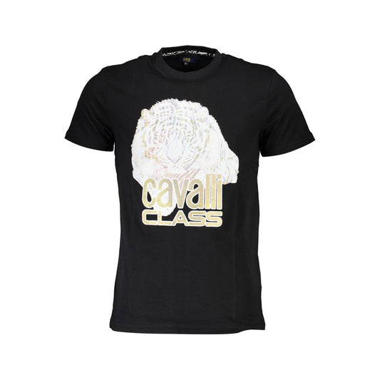 Cavalli Class Black Cotton Men T-Shirt with bold print and logo, short sleeve, crew neck, suitable for trendsetters seeking contemporary style.