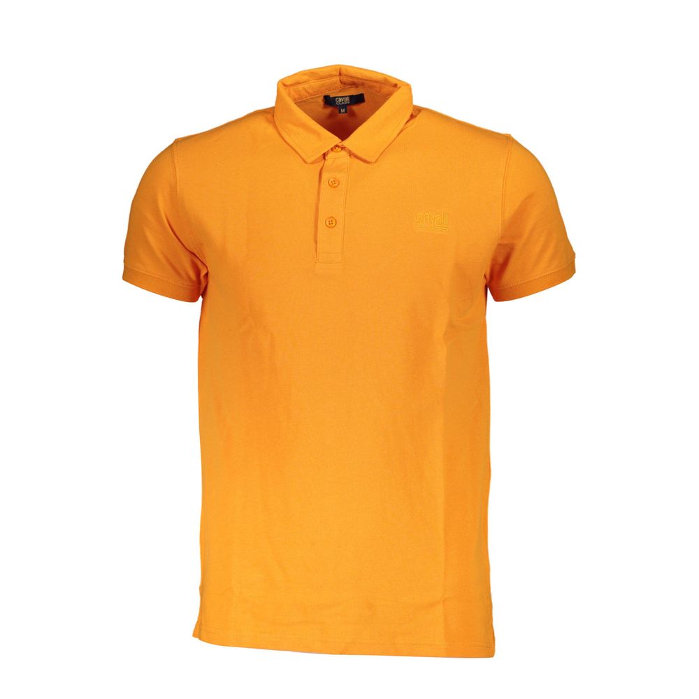 Cavalli Class Orange Cotton Men Polo Shirt with signature embroidery, traditional three-button placket, vibrant orange for bold style.
