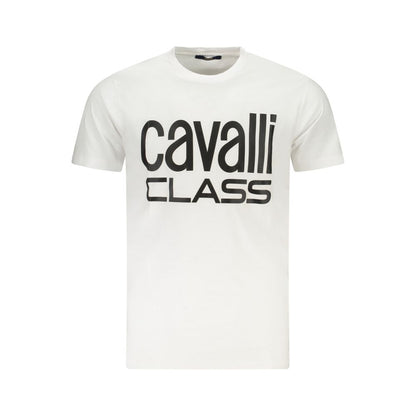 Cavalli Class White Cotton T-Shirt with short sleeves, crew neck, and logo print. Stylish and comfortable for casual wear.