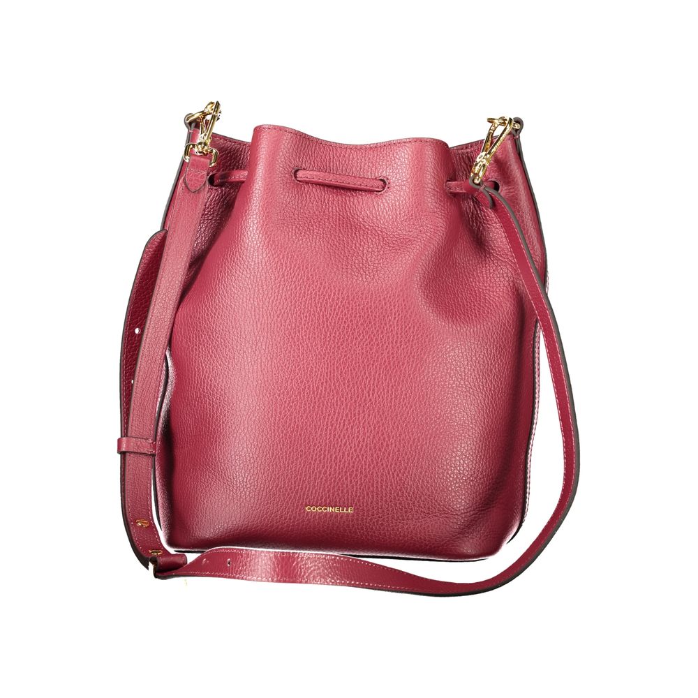 Coccinelle Purple Leather Women Handbag with adjustable strap and twist closure, featuring Italian craftsmanship and external pocket.