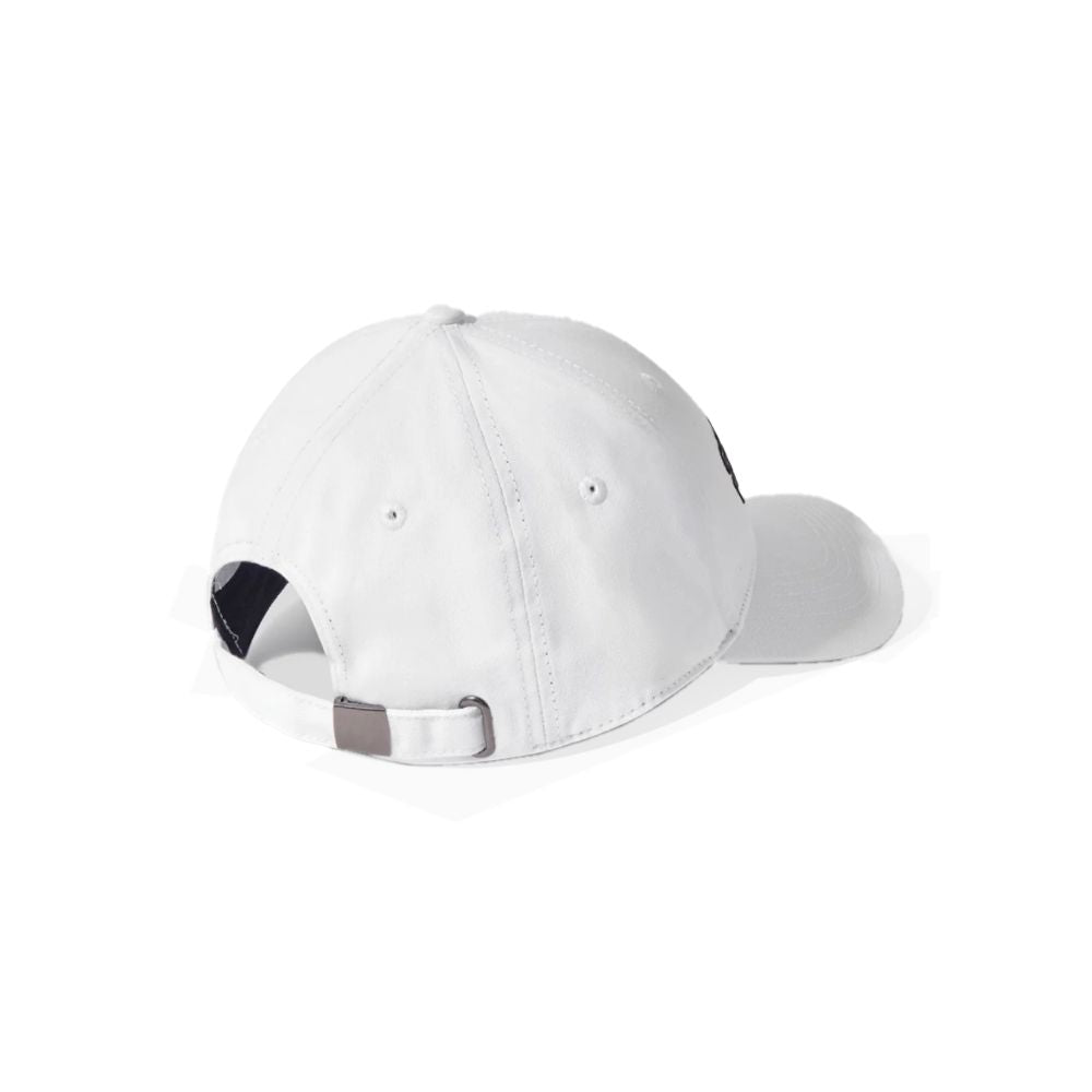 Comme Des Fuckdown White Cotton Hat featuring back view of adjustable strap and white beak visor.