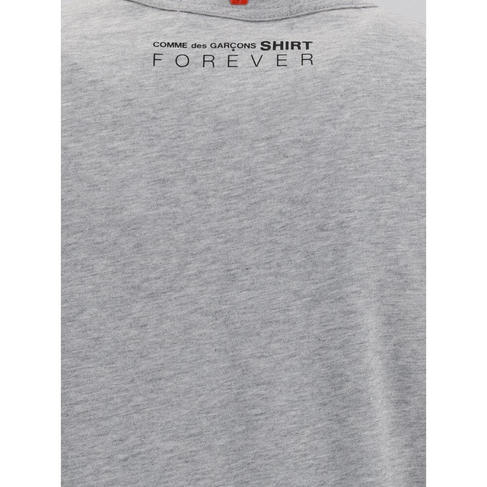 Comme Des Garçons Gray Cotton T-Shirt featuring crew neck, short sleeves, and back logo print for a minimalist look.
