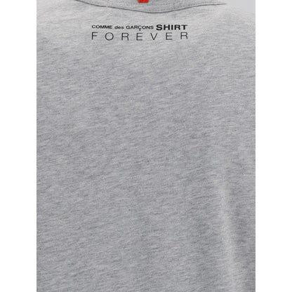 Comme Des Garçons Gray Cotton T-Shirt featuring crew neck, short sleeves, and back logo print for a minimalist look.
