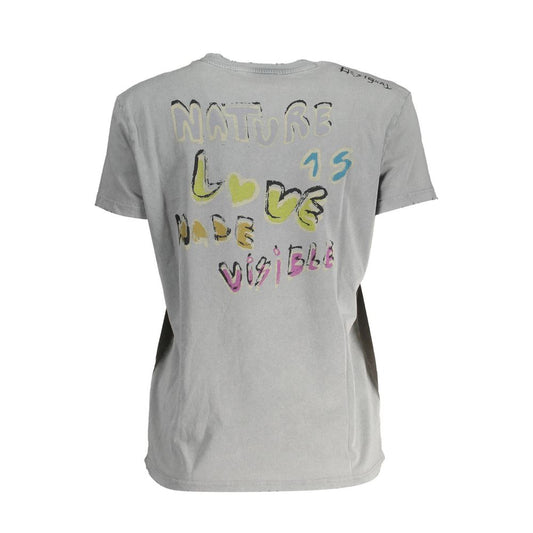 Back view of Desigual Gray Cotton Women T-Shirt with colorful print and logo