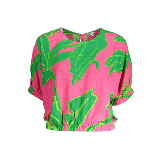 Desigual Pink Viscose Women Top with vibrant green leaf design, short sleeves, elastic waist, and wide neckline, perfect for a chic look.