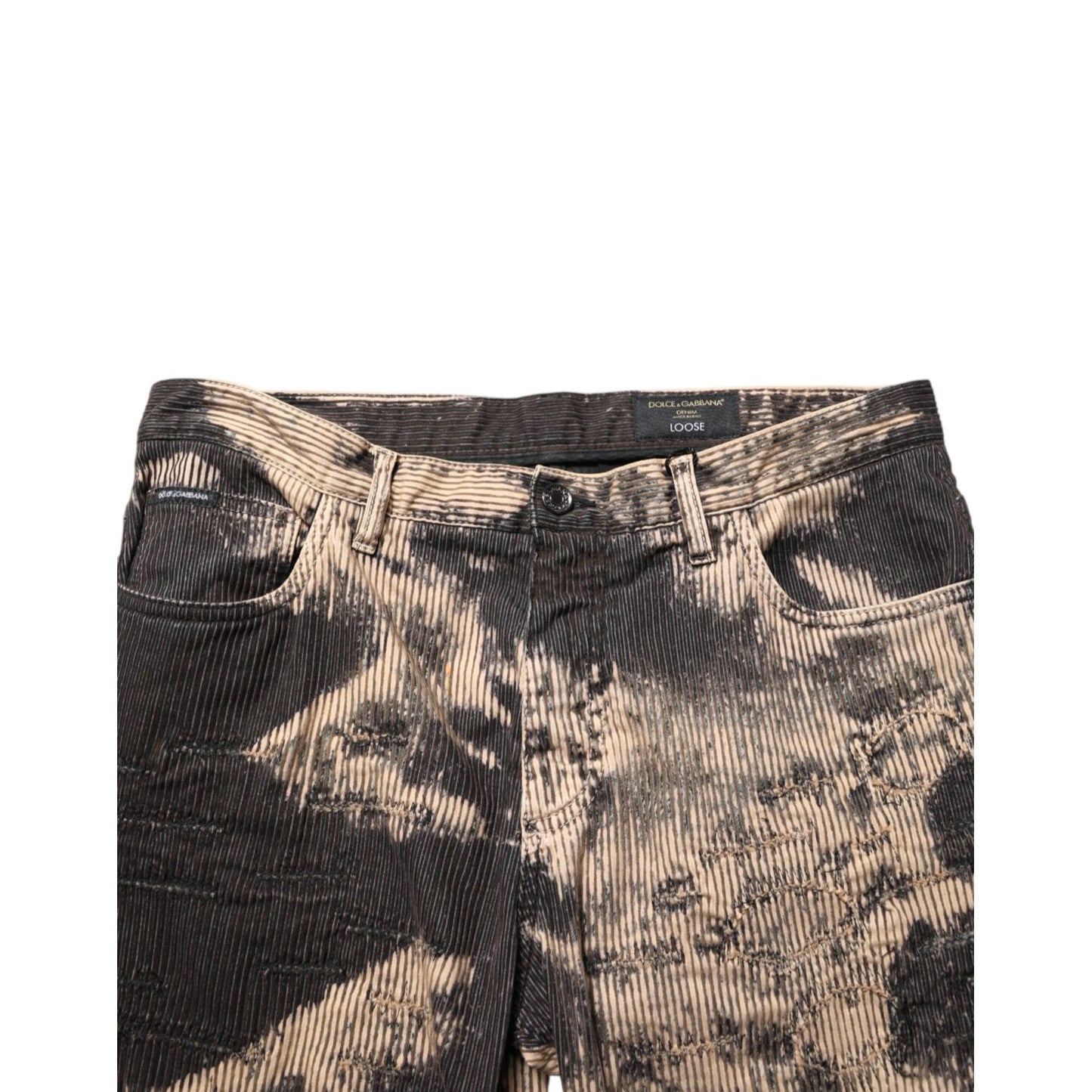 Dolce & Gabbana Beige Black Corduroy Tie-Dye Cotton Blend Pants with unique pattern and casual fit.