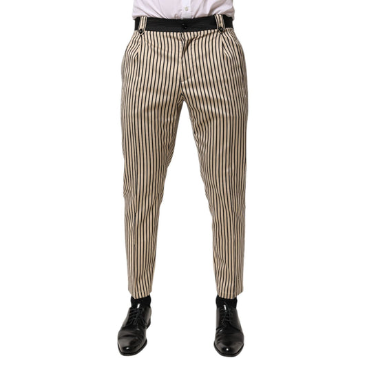 Dolce & Gabbana Beige Black Striped Cotton Slim Fit Trousers Pants for men, featuring a stylish tapered design, crafted in Italy.