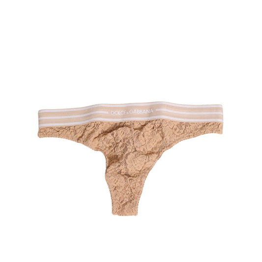 Dolce & Gabbana Beige Lace Logo Elastic Waist Thong Tanga Underwear with floral design and branded waistband