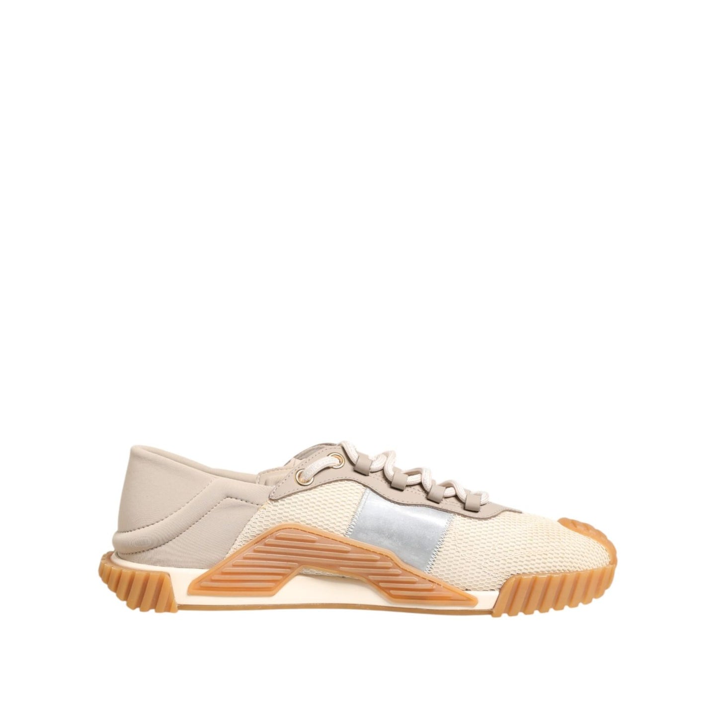 Dolce & Gabbana Beige Lace Up Low Top NS1 Men Sneakers Shoes, made of nylon, calf leather, and polyester with rubber sole and logo details.